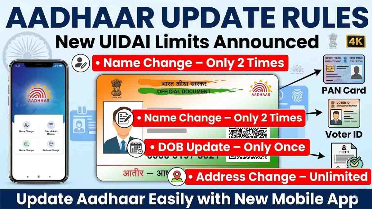 Aadhaar card update rules in India showing UIDAI limits for name change, date of birth correction, and address update
