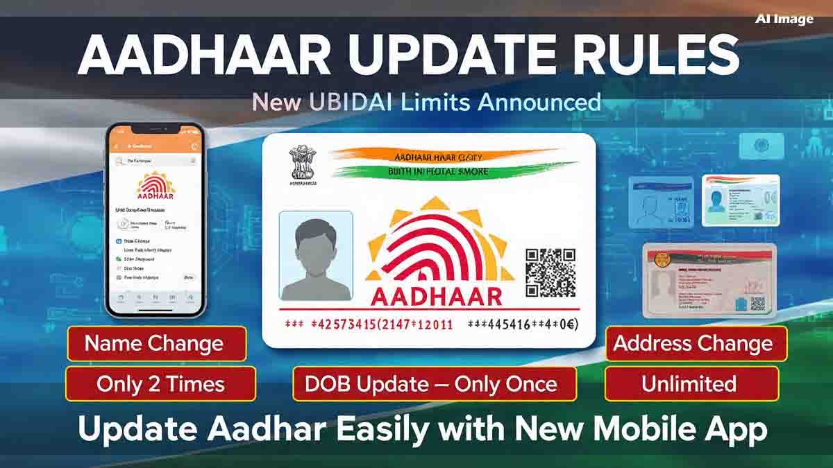 Aadhaar card update rules in India showing UIDAI limits for name change, date of birth correction, and address update
