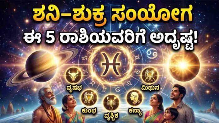 Astrology illustration showing Saturn and Venus conjunction in Pisces bringing luck to zodiac signs