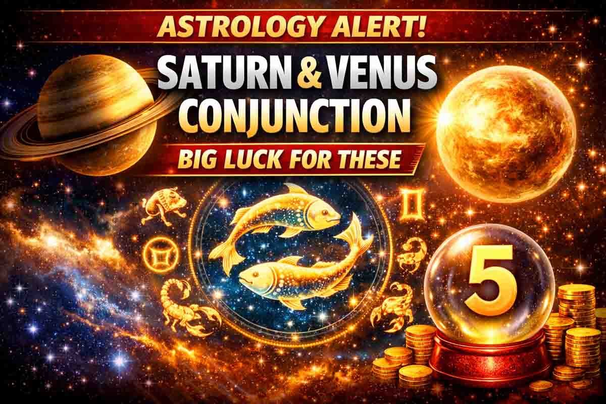 Astrology illustration showing Saturn and Venus conjunction in Pisces bringing luck to zodiac signs