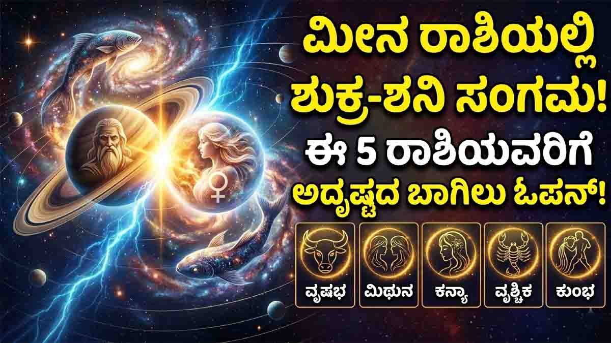 Astrology illustration showing Saturn and Venus conjunction in Pisces bringing luck to zodiac signs