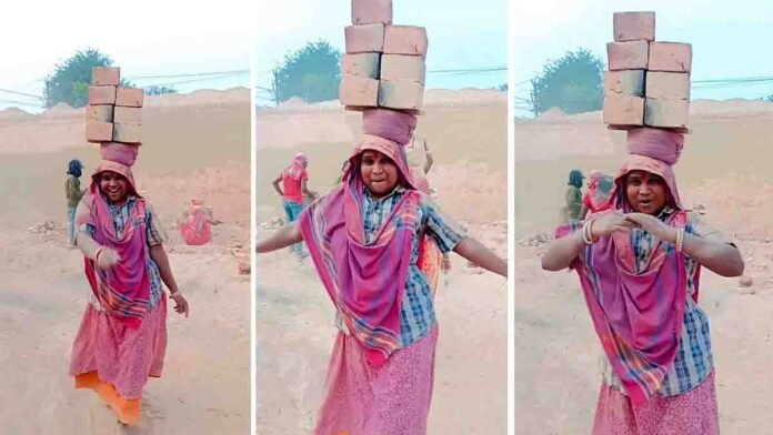 Woman construction worker balancing bricks on head while dancing at site viral video