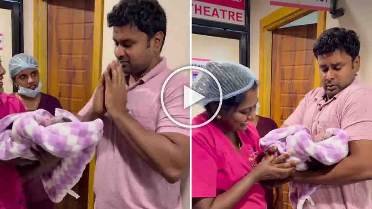 First time father holding his newborn baby with trembling hands in hospital while doctor guides him - Viral Video