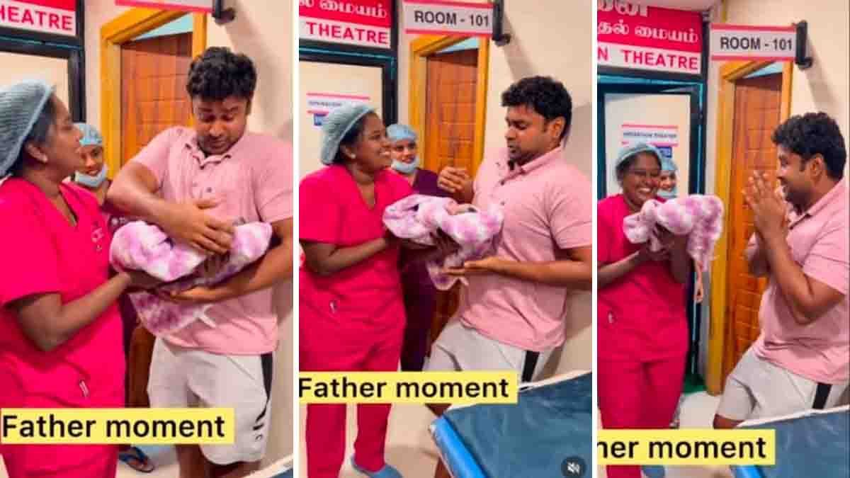 First time father holding his newborn baby with trembling hands in hospital while doctor guides him - Viral Video
