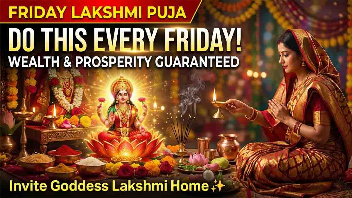 Friday Lakshmi Puja being performed with diya, flowers, kumkum and rice for wealth blessings