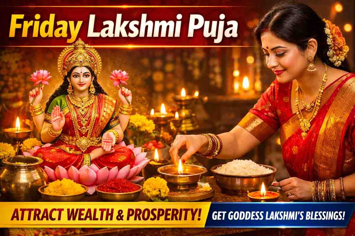 Friday Lakshmi Puja being performed with diya, flowers, kumkum and rice for wealth blessings