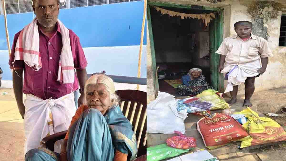 Humanity in action as volunteers help an elderly woman with food and essentials in Gudibande