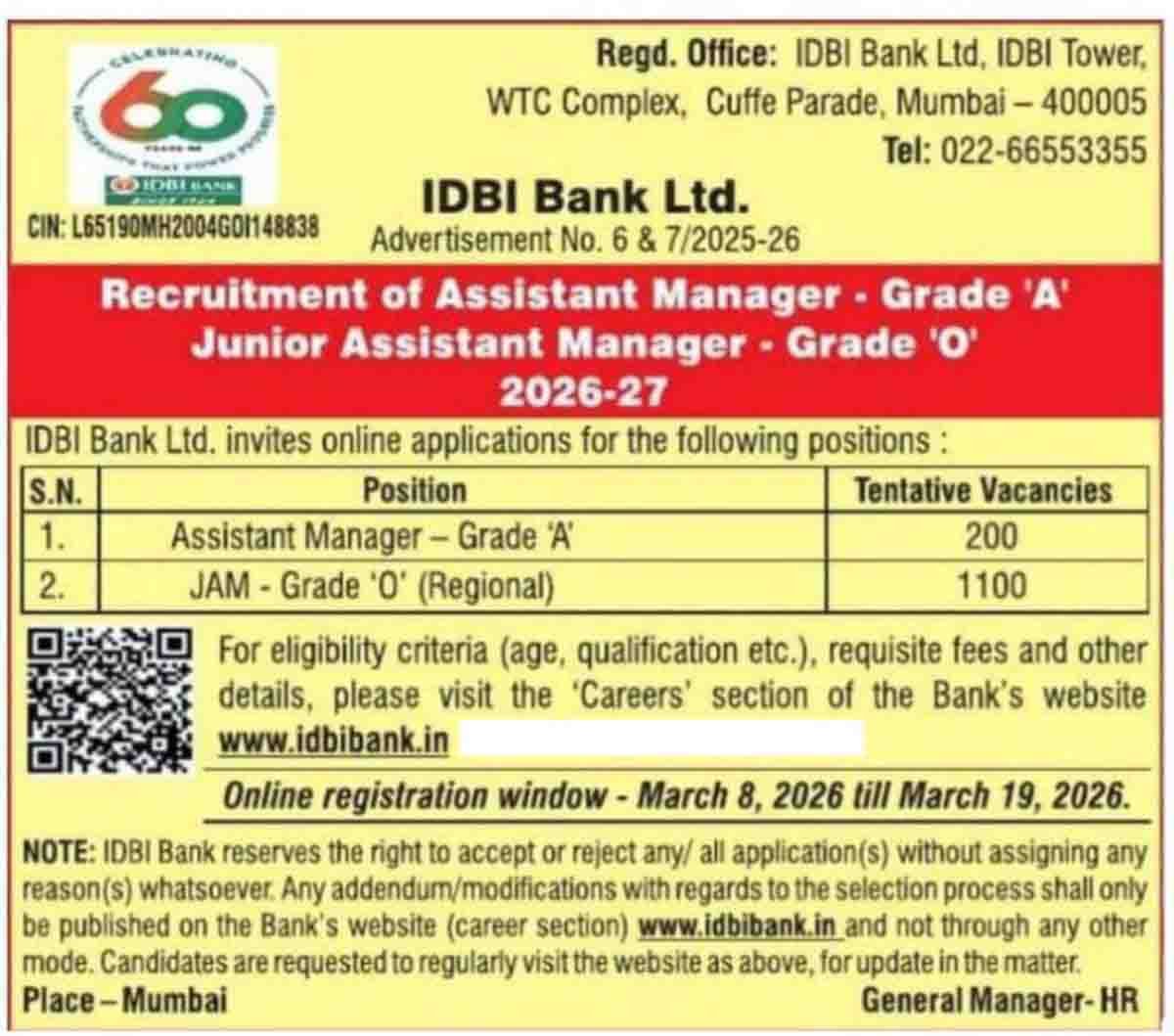 IDBI Bank Recruitment 2026 notification for 1300 Junior Assistant Manager JAM posts