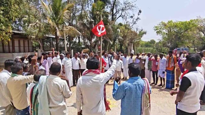 Local News update showing rural workers attending labour union conference in Somenahalli village of Gudibande taluk
