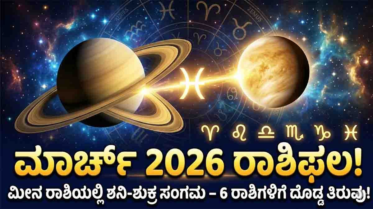 March 2026 Horoscope : ಮೀನ ರಾಶಿಯಲ್ಲಿ ಶನಿ-ಶುಕ್ರ ಸಂಗಮ: ಈ 6 ರಾಶಿಯವರ ಜೀವನದಲ್ಲಿ ಬರಲಿದೆ ಅನಿರೀಕ್ಷಿತ ತಿರುವು! 2 March 2026 Horoscope showing Saturn and Venus conjunction in Pisces impacting 6 zodiac signs