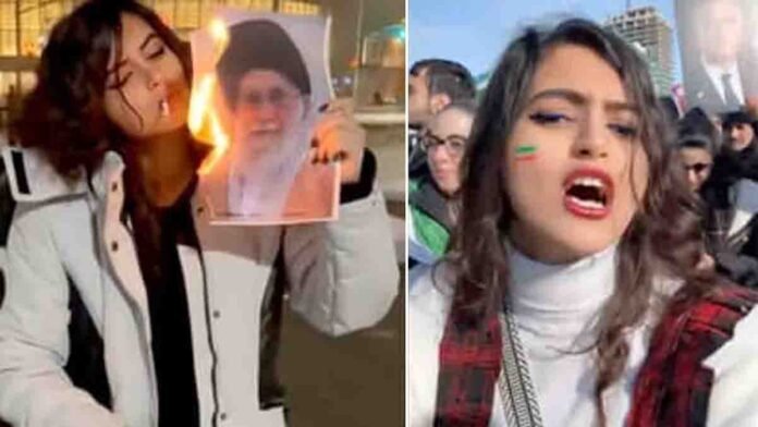 Morticia Addams Iran protester burns Khamenei image and celebrates in Canada rally