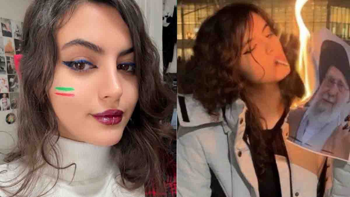 Morticia Addams Iran protester burns Khamenei image and celebrates in Canada rally