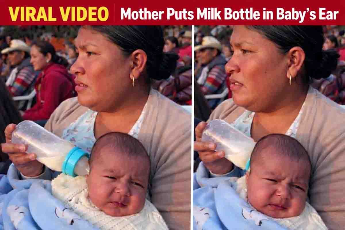 Mother accidentally putting milk bottle in baby’s ear while watching stage performance viral video moment