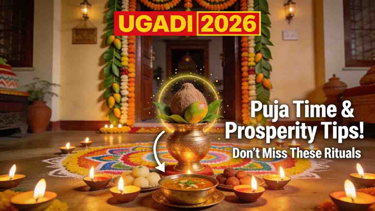 Ugadi 2026 celebration with mango leaves decoration, rangoli, and traditional puja setup