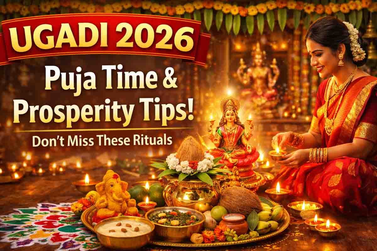 Ugadi 2026 celebration with mango leaves decoration, rangoli, and traditional puja setup