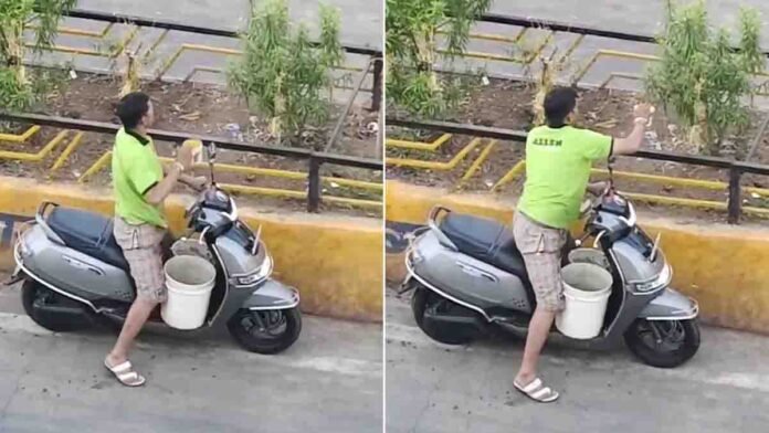 Man on scooter watering roadside divider plants early morning inspiring environmental care viral video