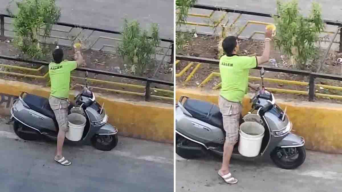 Man on scooter watering roadside divider plants early morning inspiring environmental care viral video