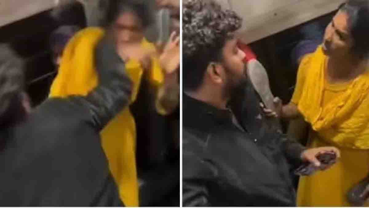 Viral Train Seat Fight : ರೈಲಿನಲ್ಲಿ ಸೀಟಿಗಾಗಿ ‘ಚಪ್ಪಲಿ’ ಯುದ್ಧ: ಆಂಟಿಗೆ ಗ್ಯಾಪ್ ಇಲ್ಲದೆ ಬಾರಿಸಿದ ಯುವಕ! ವಿಡಿಯೋ ವೈರಲ್...! 1 Viral train seat fight in Indian Railway general coach where argument between woman and youth turned physical
