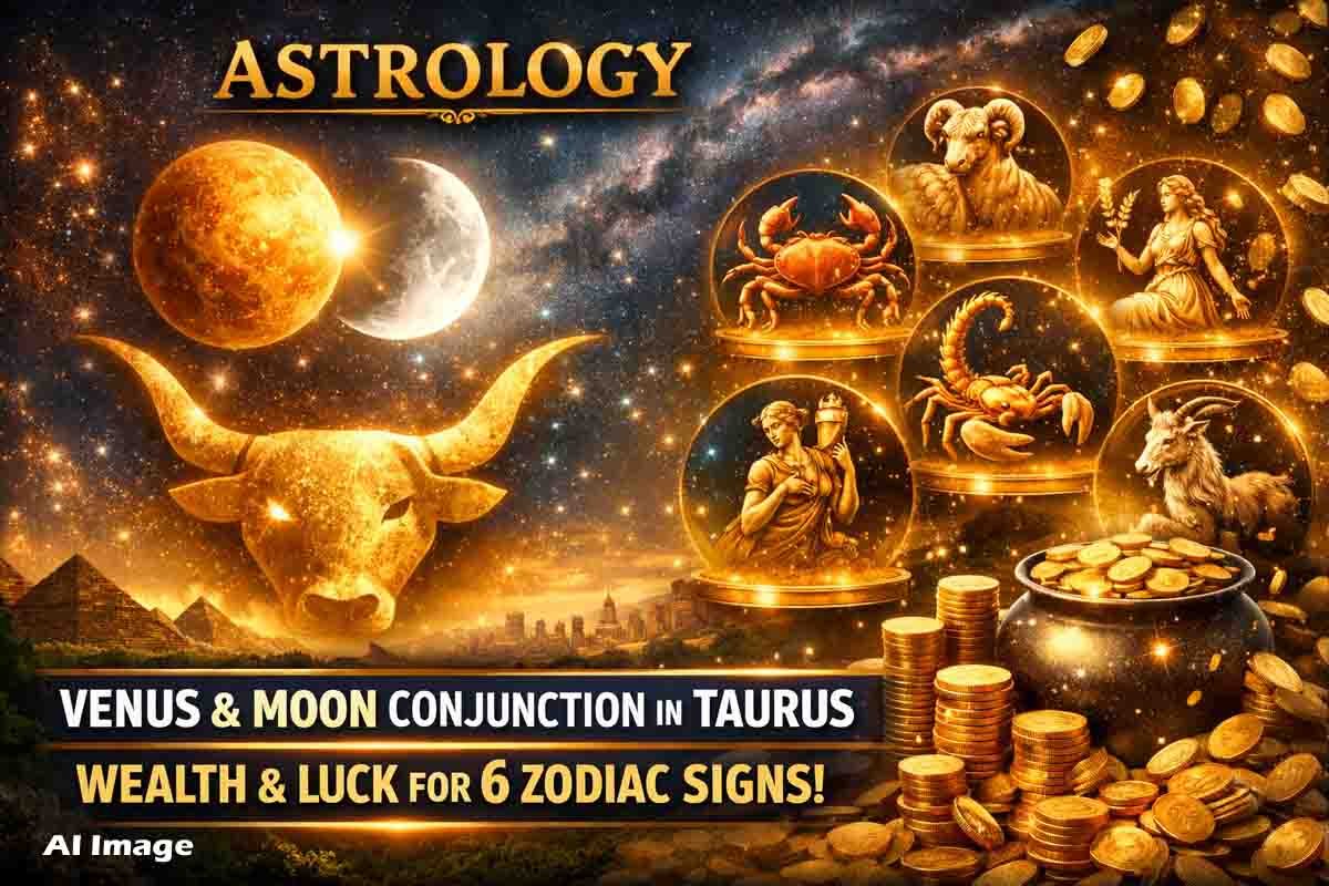 Astrology concept showing Venus and Moon conjunction in Taurus bringing luck and wealth