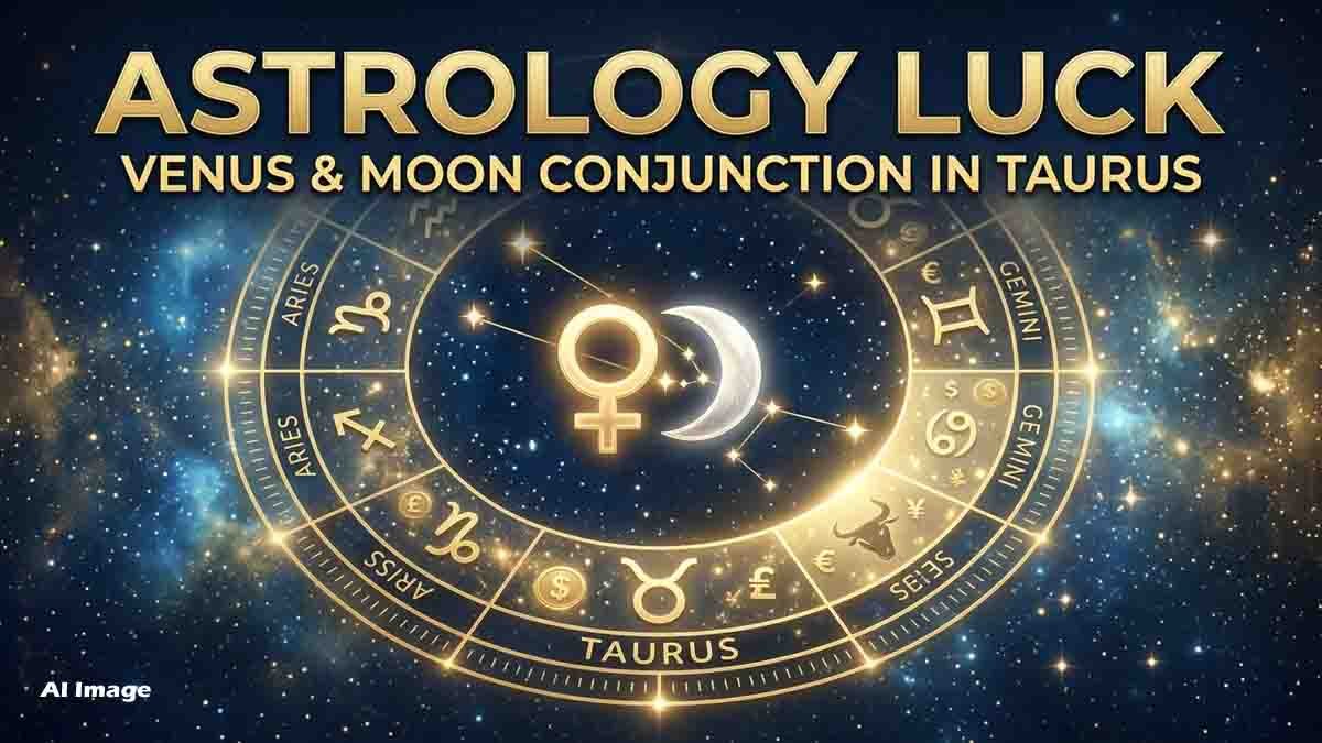 Astrology concept showing Venus and Moon conjunction in Taurus bringing luck and wealth
