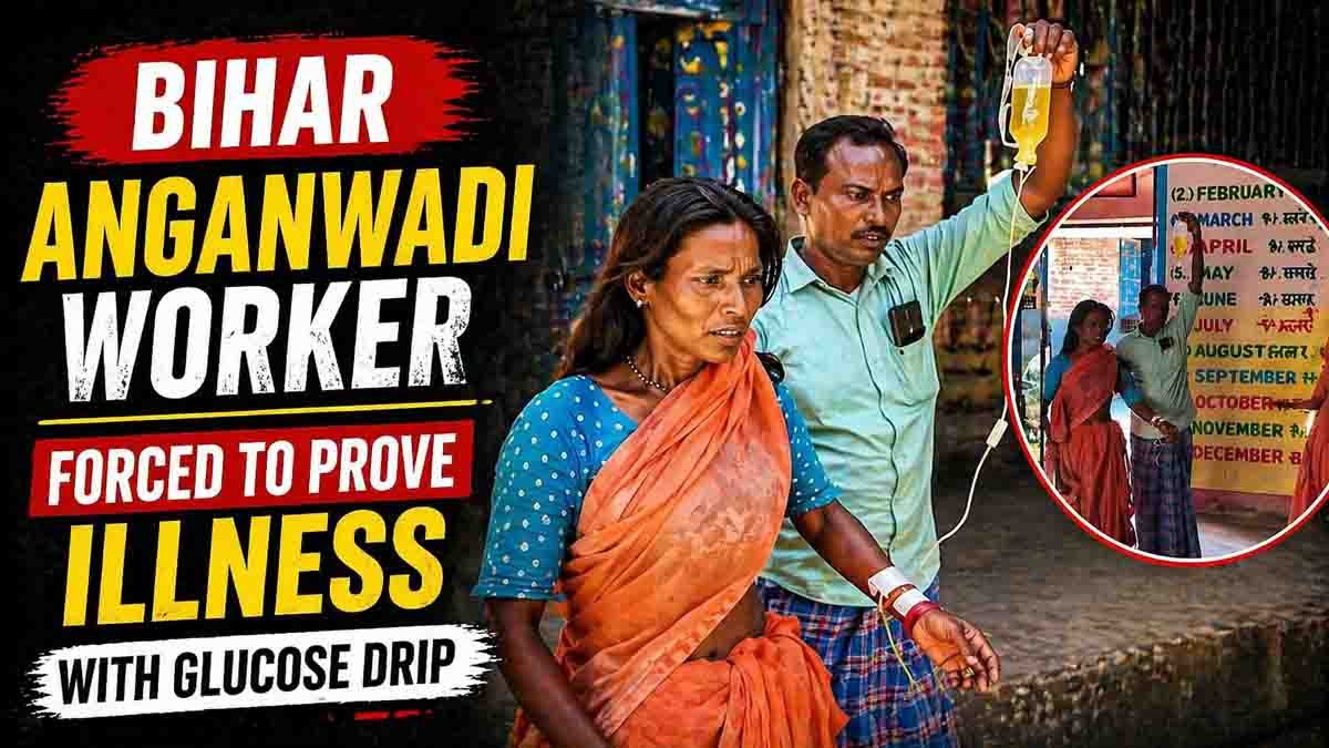 Bihar Anganwadi worker arrives at office with glucose drip to prove illness while being supported by her husband