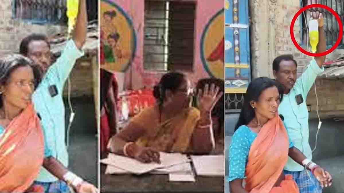 Bihar Anganwadi worker arrives at office with glucose drip to prove illness while being supported by her husband