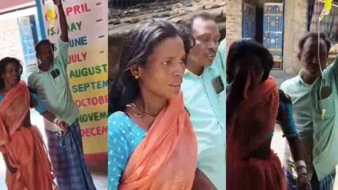 Bihar Anganwadi worker arrives at office with glucose drip to prove illness while being supported by her husband