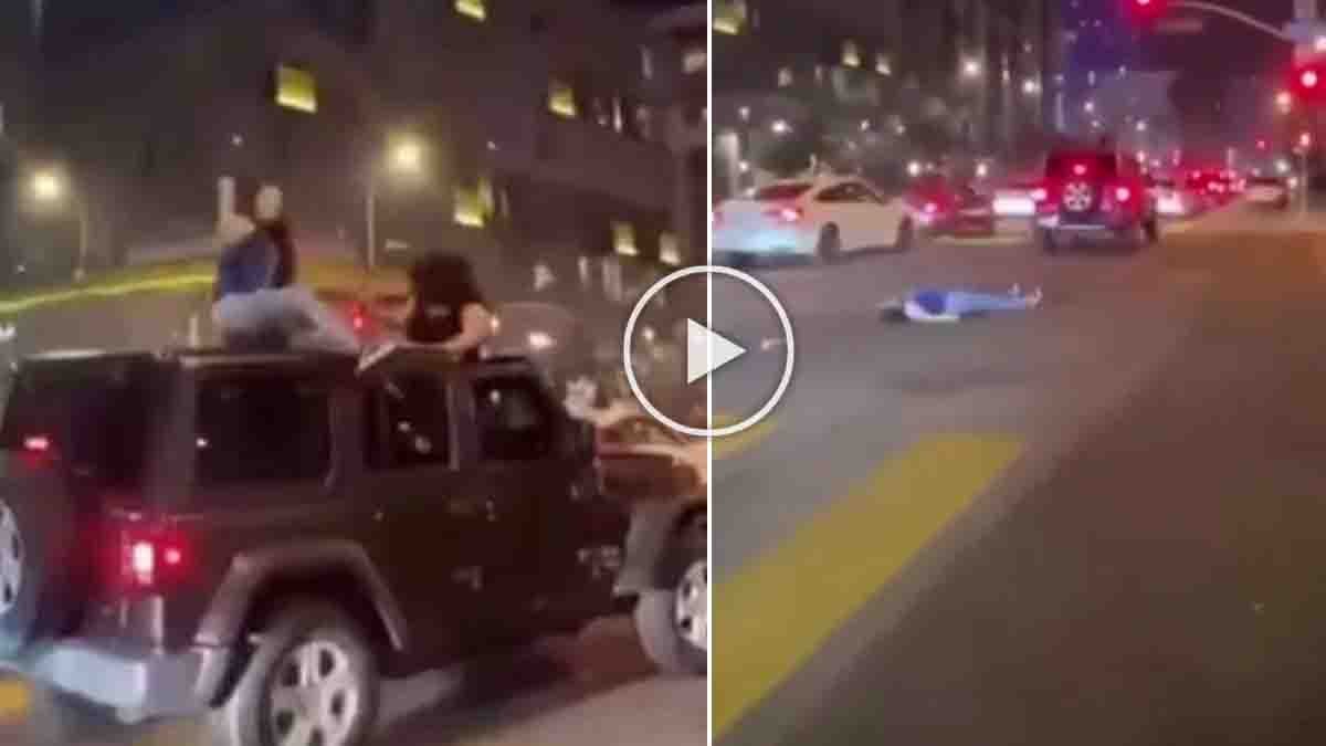 Dangerous car stunt performed by young women on a moving vehicle on public road