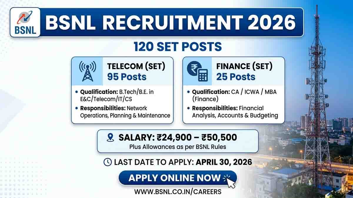 BSNL Recruitment 2026 notification for 120 Senior Executive Trainee posts apply online before last date