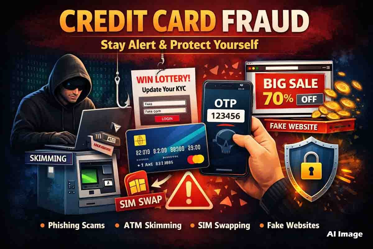 Credit Card Fraud : ನಿಮ್ಮ ಕ್ರೆಡಿಟ್ ಕಾರ್ಡ್ ಮೇಲೆ ಕಳ್ಳರ ಕಣ್ಣು: ಹಣ ಕಳೆದುಕೊಳ್ಳುವ ಮುನ್ನ ಈ ಸುರಕ್ಷತಾ ಮಾಹಿತಿಯನ್ನು ಓದಿ...! 2 Credit card fraud concept showing hacker stealing card details through phishing and cyber attack