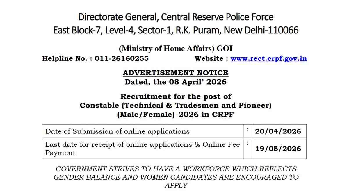 CRPF recruitment 2026 notification for 9175 constable posts apply online