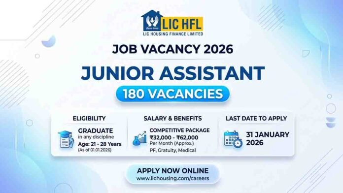 LIC HFL Recruitment 2026 apply online for 180 Junior Assistant vacancies
