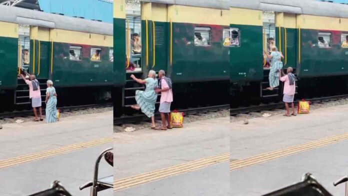 True Love elderly husband caring for his wife while helping her board a train emotional scene