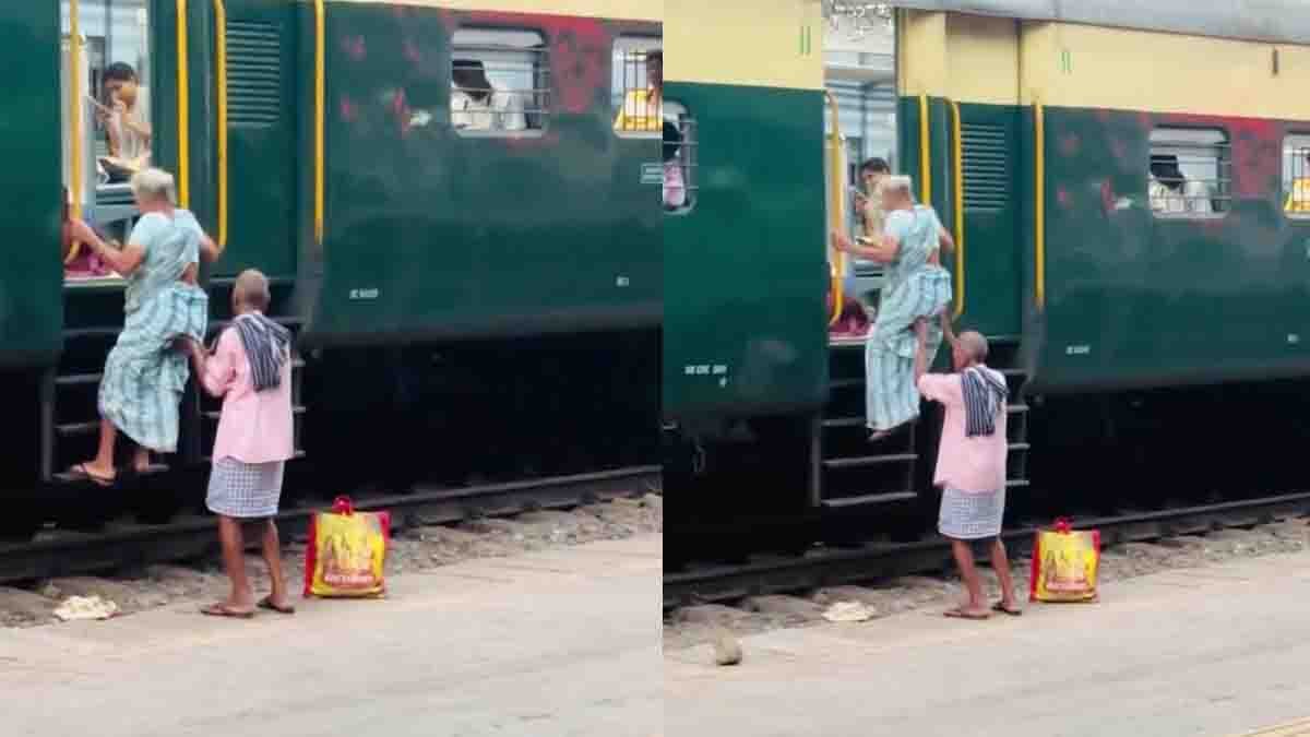True Love elderly husband caring for his wife while helping her board a train emotional scene