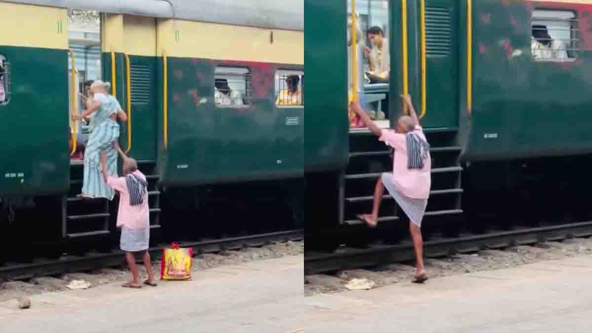 True Love elderly husband caring for his wife while helping her board a train emotional scene