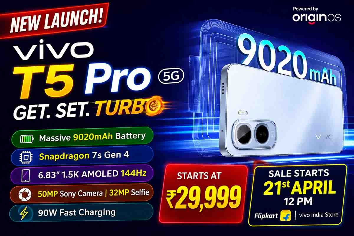 Vivo T5 Pro 5G smartphone with 9020mAh battery and 144Hz AMOLED display