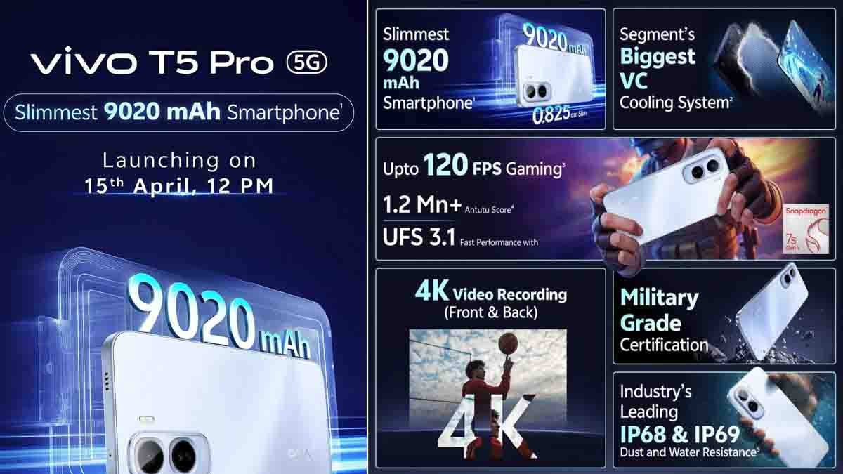 Vivo T5 Pro 5G smartphone with 9020mAh battery and 144Hz AMOLED display