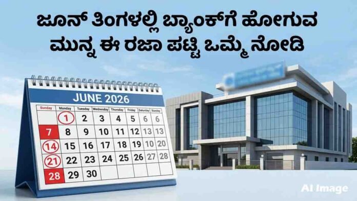 Bank Holidays in June 2026 across India including Karnataka bank holiday list, Muharram holiday, second and fourth Saturday closures.