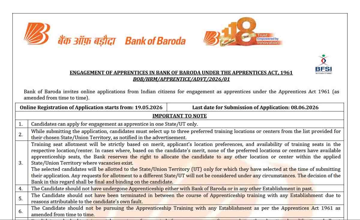 BOB Apprentice Recruitment 2026 Notification for 5000 Apprentice Posts in Bank of Baroda