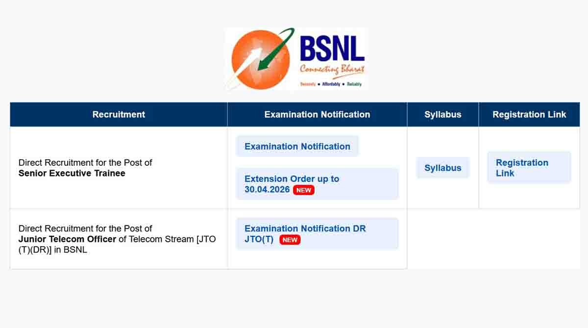 BSNL Recruitment 2026 notification for 100 Junior Telecom Officer JTO vacancies across India