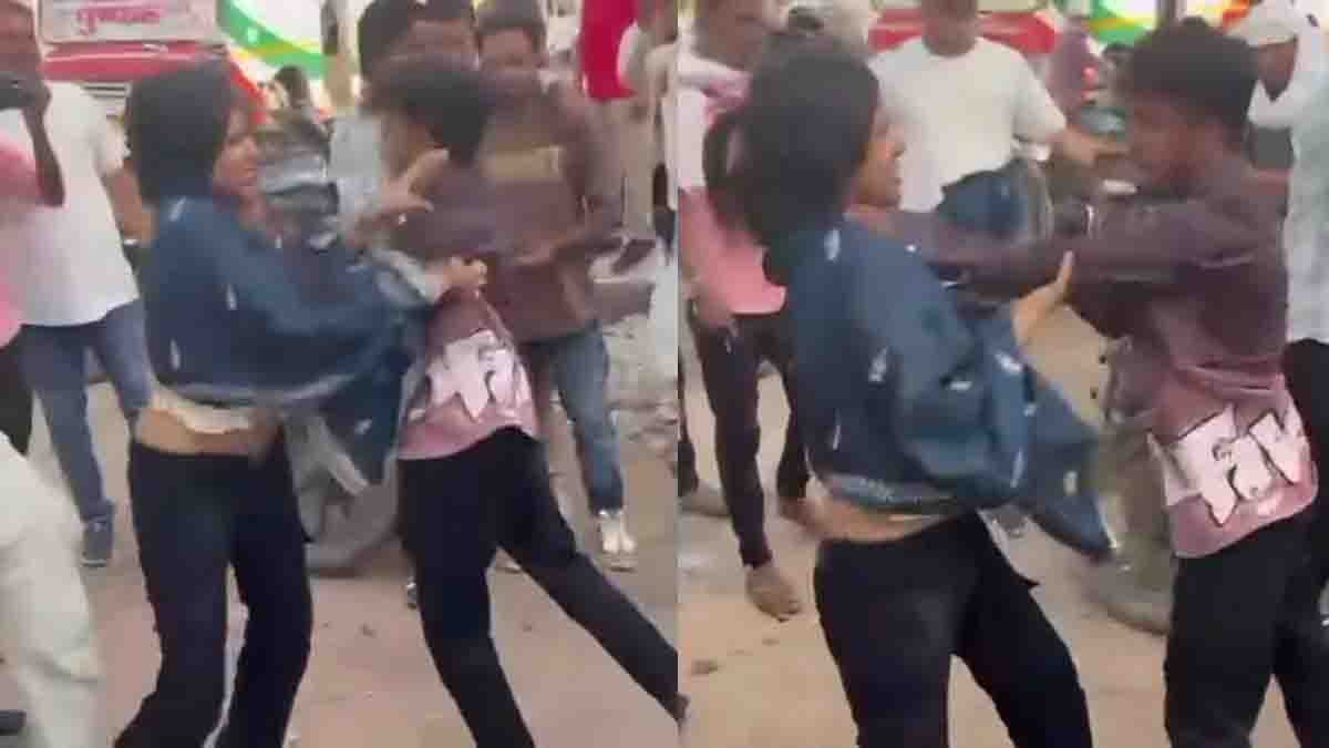 Woman publicly slaps husband during heated argument outside RTO office in Madhya Pradesh Chhatarpur viral video
