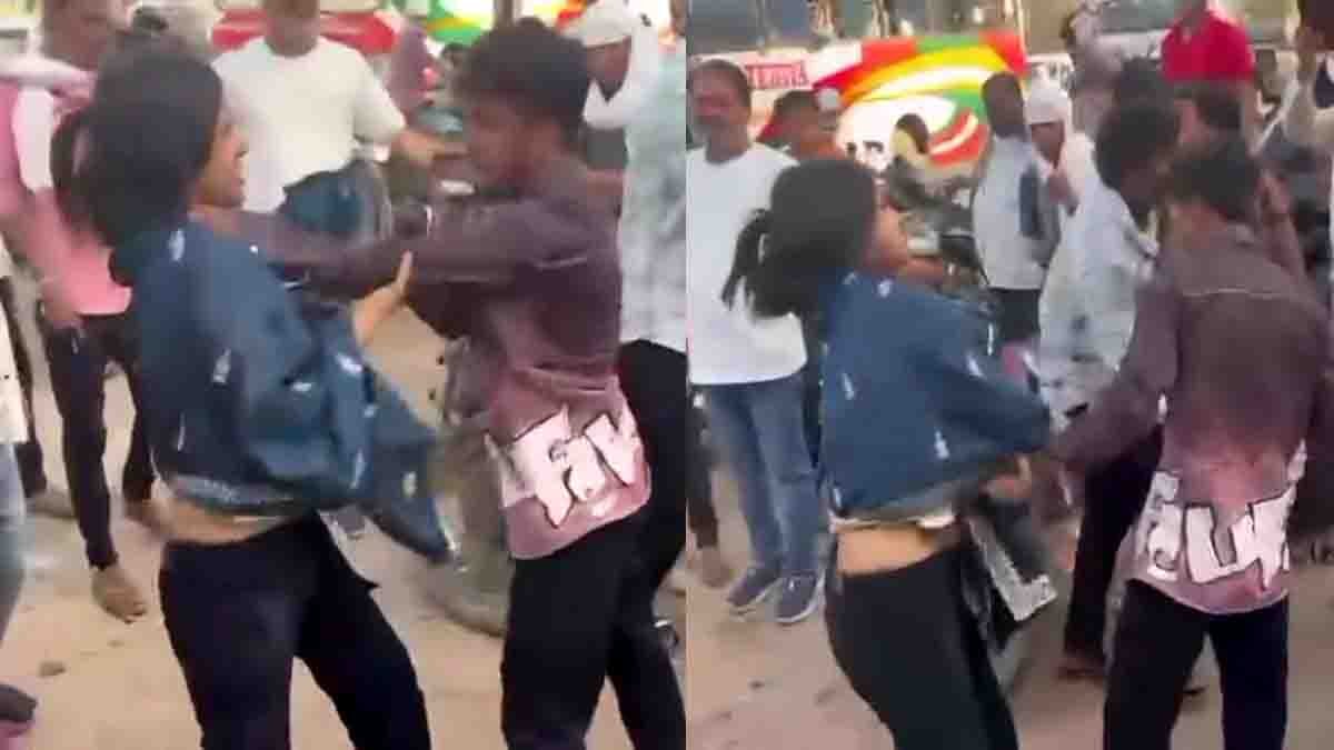 Woman publicly slaps husband during heated argument outside RTO office in Madhya Pradesh Chhatarpur viral video