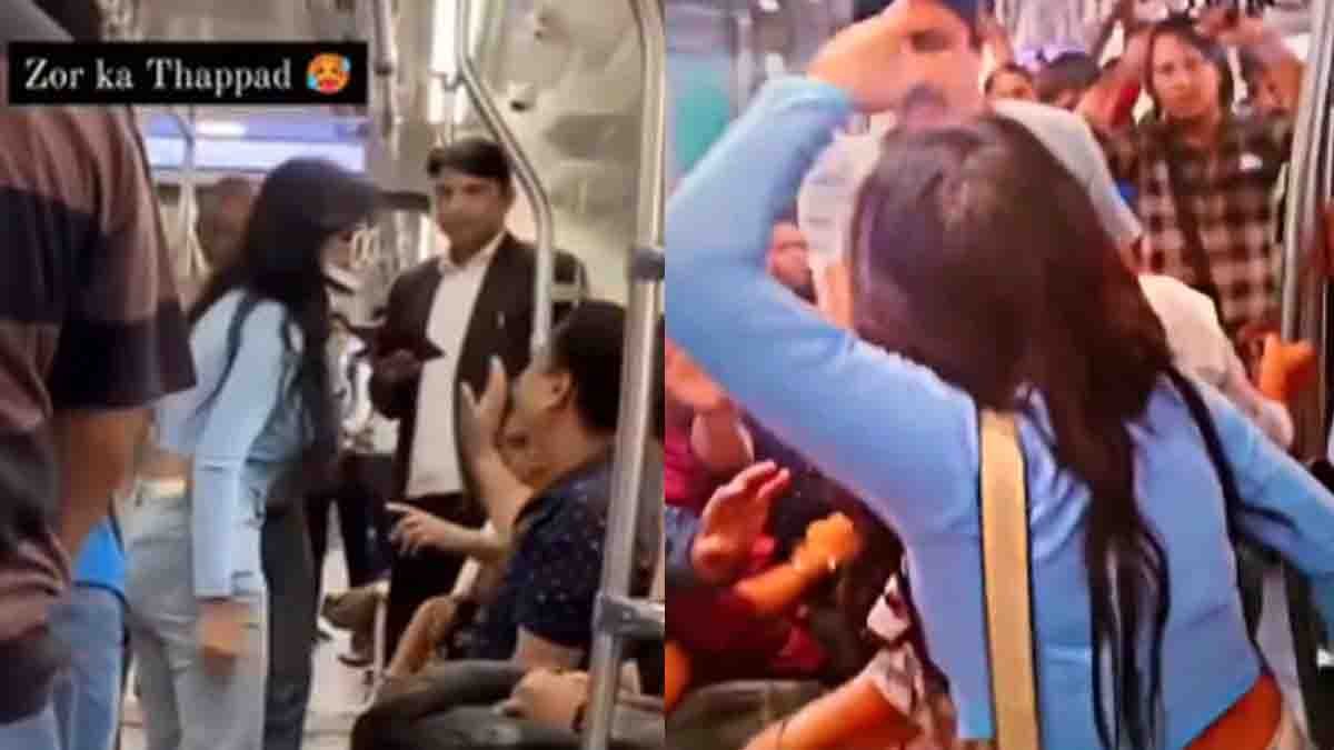 Delhi Metro viral video shows woman slapping man during seat dispute in crowded coach