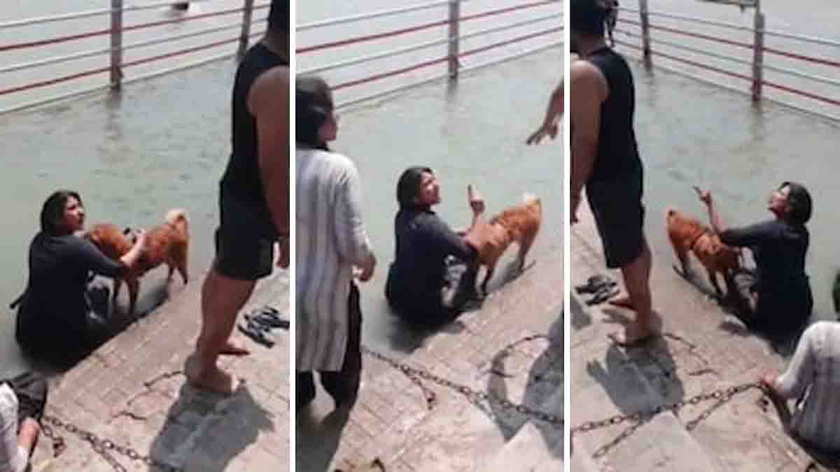 Haridwar Dog Bath Controversy woman bathing pet dog in Ganga river at Har Ki Pauri