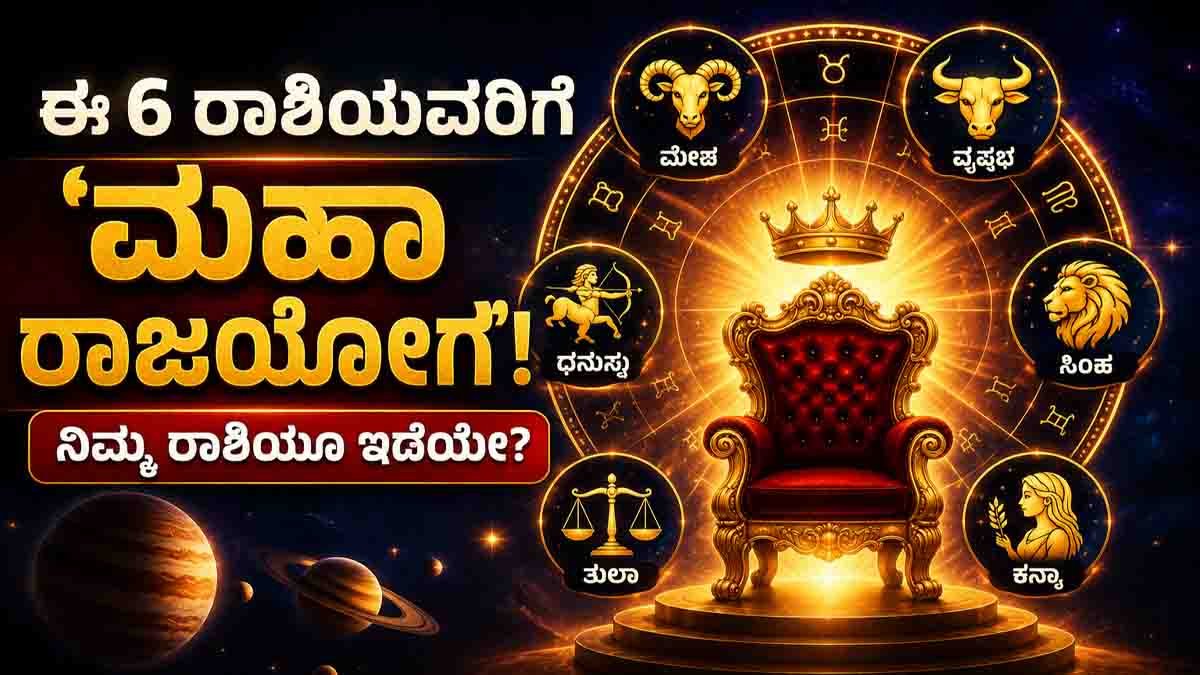 Astrology prediction 2026 showing Maha Rajyoga bringing luck wealth and career success for Aries Taurus Leo Virgo Libra and Sagittarius zodiac signs