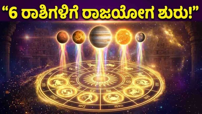 Astrology prediction 2026 showing Maha Rajyoga bringing luck wealth and career success for Aries Taurus Leo Virgo Libra and Sagittarius zodiac signs