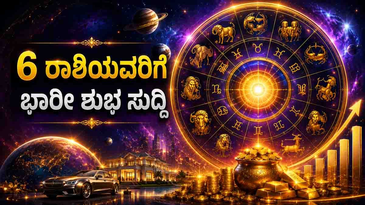 Astrology prediction 2026 showing Maha Rajyoga bringing luck wealth and career success for Aries Taurus Leo Virgo Libra and Sagittarius zodiac signs