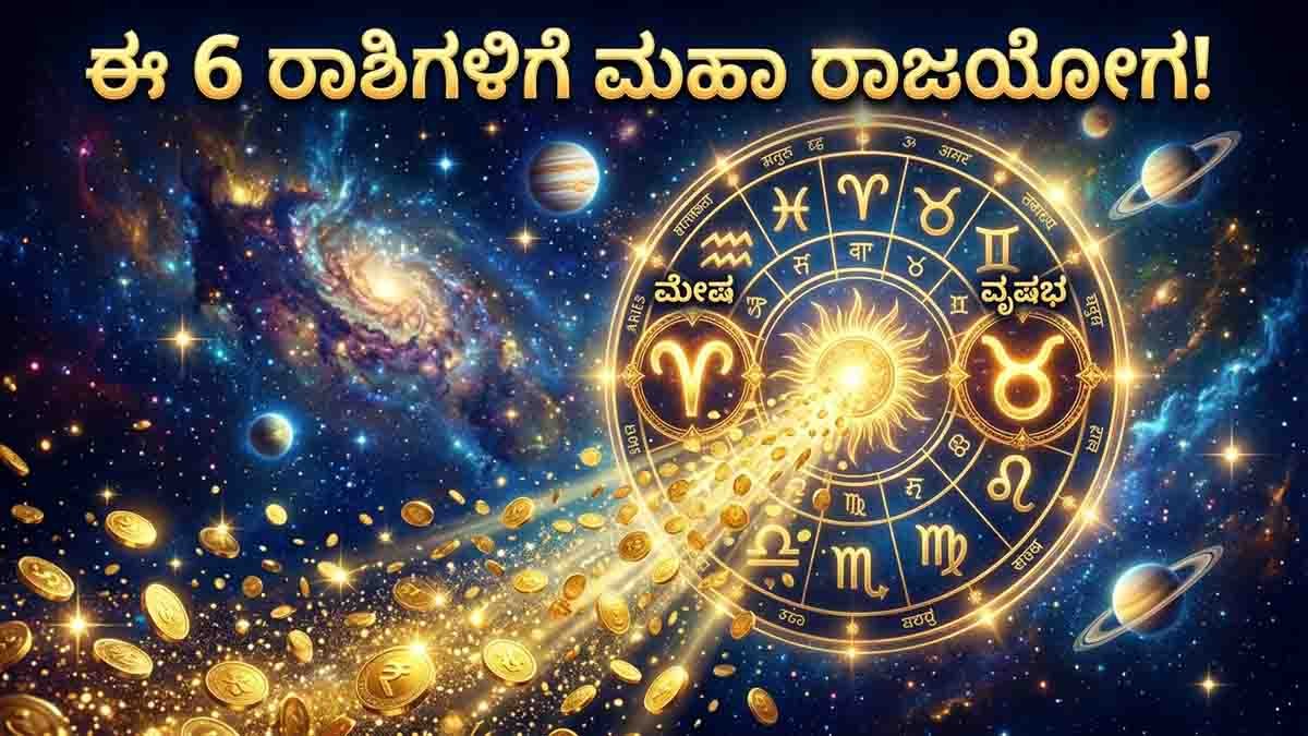 Astrology prediction 2026 showing Maha Rajyoga bringing luck wealth and career success for Aries Taurus Leo Virgo Libra and Sagittarius zodiac signs