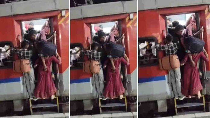 Viral train harassment video showing alleged misconduct against a young woman in a crowded moving train