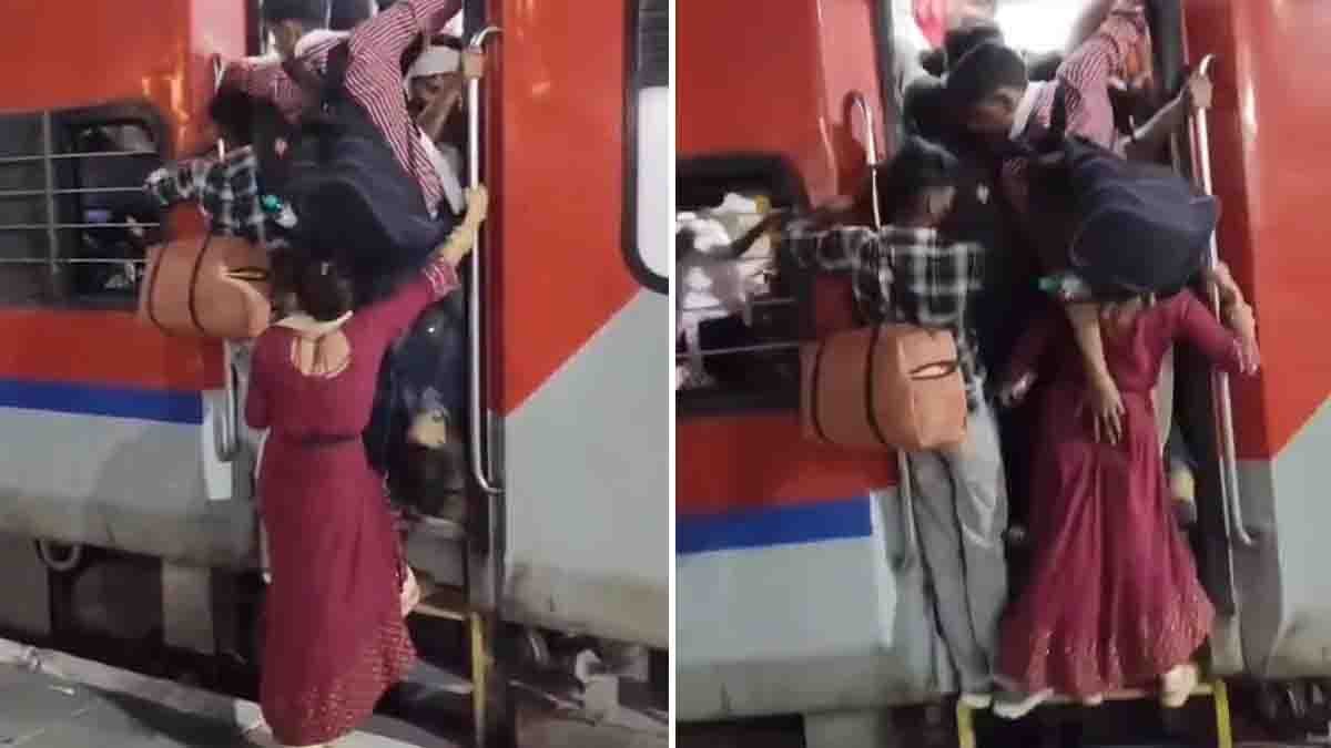 Viral train harassment video showing alleged misconduct against a young woman in a crowded moving train